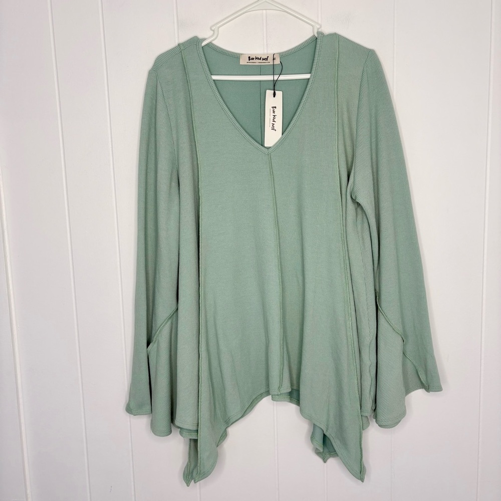 Three Bird Nest Mint Green V-Neck Waffle Knit Tunic Top - Picture 3 of 9